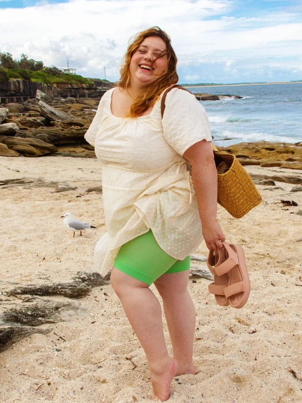 Cream Cover-Up Dress with Lime Green Swim Shorts